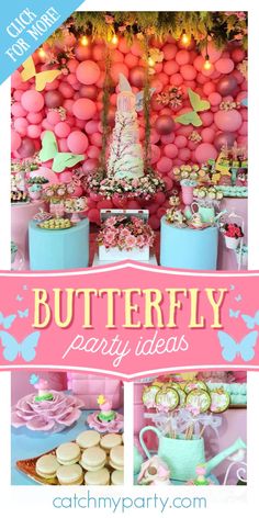 a pink and blue butterfly themed party with balloons, cake, cupcakes and desserts