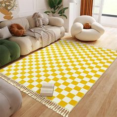 a living room with yellow and white checkered rug