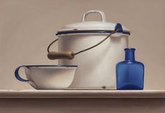 a painting of blue and white items on a shelf