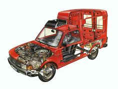 a drawing of a red truck with its hood open