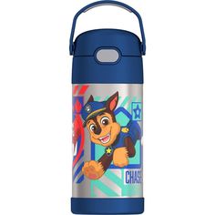 a blue insulated water bottle with an image of a cartoon character on the front