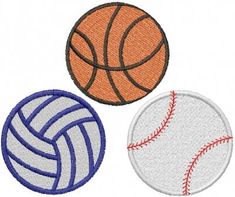 three different types of sports balls on a white background with blue and red stitching