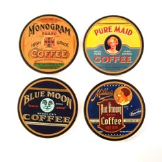 four different types of coffee labels on a white background