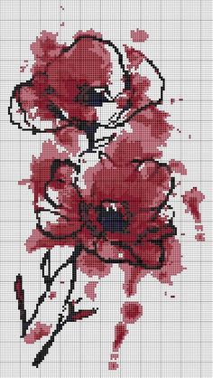 a cross stitch pattern with red flowers on the side and one flower in the middle