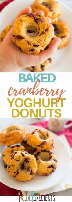 baked cranberry yoghurt donuts on a white plate with text overlay