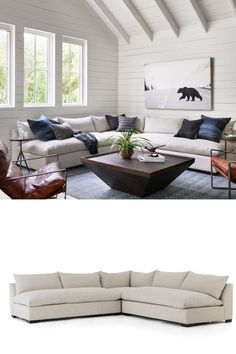 two different views of a living room with couches, tables and chairs in it