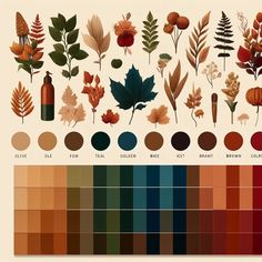 an image of different types of leaves and flowers in shades of red, orange, green, yellow