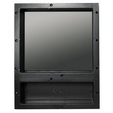 the back side of a black wall mounted monitor with an open screen and metal frame