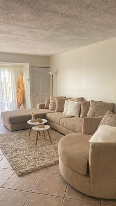 a living room filled with lots of furniture and a large rug on top of the floor