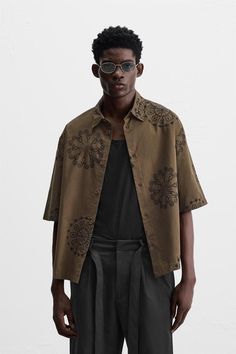 SHIRT WITH FLORAL EMBROIDERY - Brown | ZARA India Zara Mens, Floral Embroidered Shirt, Earthy Outfits, Mens Designer Shirts, Cardigan Sweater Jacket, Men's Shirts, T Shirt Vest, Shirt Skirt, Embroidered Shirt