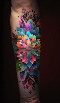 a colorful flower tattoo on the side of a woman's leg, with an intricate design