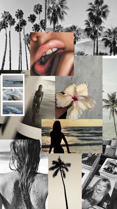 black and white collage with palm trees, woman's face, lips, lipstick