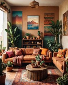 a living room filled with lots of furniture and potted plants on top of it