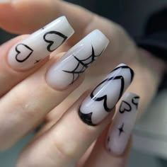 Black And White Aesthetic Nails, Black And White Nails Aesthetic, Nail Inspo Black And White, Paznokcie Hello Kitty, Grunge Nails, Soft Nails, Acrylic Nails Coffin Short, Fire Nails, Pretty Acrylic Nails