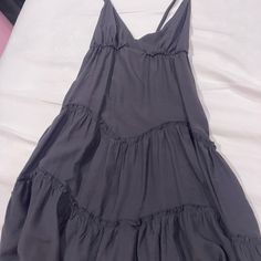 Never Worn, Brand New Casual Tiered Sundress For Party, Black Flowy Sundress In Casual Style, Chic Gray Dress For Vacation, Flowy Black Sundress For A Day Out, Gray Mini Beach Dress For Summer, Gray Mini Dress For Beach In Summer, Gray Sundress For The Beach, Gray Midi Length Dress For The Beach, Gray Midi Length Dress For Beach