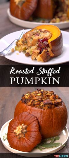 baked stuffed pumpkins with cranberries and other toppings are on white plates