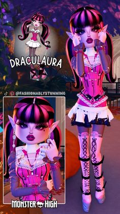 a girl in pink and white outfit standing next to a sign that says draculaa