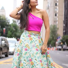 ZARI stretch crepe asymmetrical crop top in fuchsia and high waisted NEELA lehenga skirt in jungle jacquard. Perfect for a south asian wedding weekend. Neon Skirt, Simple Portrait, Crop Top Designs, Shoulder Stretch, Crepe Top, Female Portraits