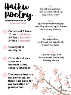 a poster with the words haiki poetry written in japanese and english on it's side