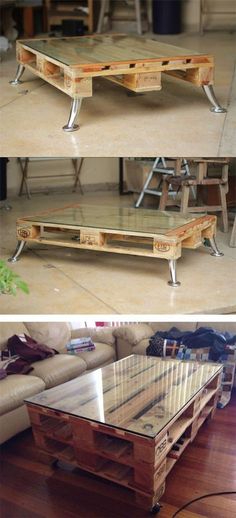 two pictures showing the different stages of making a coffee table out of pallets