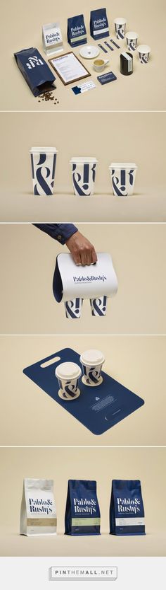 the packaging design for coffee is shown in three different stages, including one being rolled up and