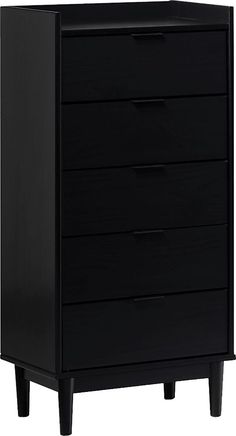 a black dresser with five drawers on it