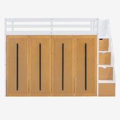 a white bunk bed with wooden doors and drawers on the bottom level, against a white background