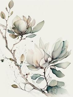 a branch with flowers and leaves in the middle, on a white background that appears to be watercolor