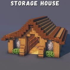 a small house made out of wood with the words storage house on it's side