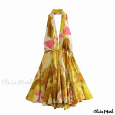 Olivia Mark - Cotton Floral Print Halterneck Short Dress Mini Robes, Halter Mini Dress, Vacation Dresses, Printed Mini Dress, Beach Dress, Elegant Dress, Primavera Estate, Yellow Dress, Women's Fashion Dresses