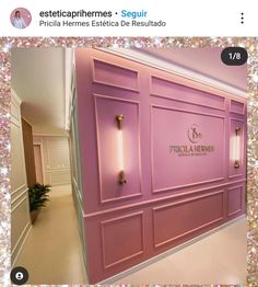 an instagramted photo of a pink room with gold trim and glitters on the walls