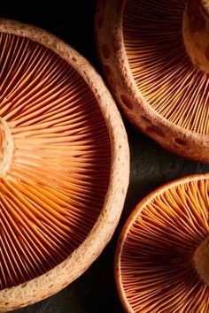 some brown mushrooms are sitting on the table together and they look like they have been cut in half