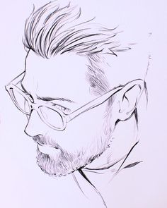 a drawing of a man with glasses and a beard looking off to the side in profile