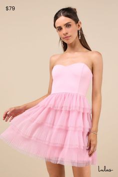 We can't stop thinking about how good we are going to look in the Lulus Fabulous Thoughts Light Pink Tulle Strapless Tiered Mini Dress! Stretchy crepe knit shapes a sweetheart neckline (with hidden no-slip strips) and a strapless bodice with flattering, princess-seamed detailing and supportive boning. The fitted waist tops a skater-style mini skirt, adorned with fluffy, tulle-like tiers for a fun and eye-catching finish. Hidden back zipper/clasp. Fit: This garment fits true to size. Length: Mid- Light Pink Puffy Sleeve Dress, Light Pink Dresses, Tiered Tulle Dress, Light Pink Mini Dress, Puffy Sleeve Dress, Mini Dress Strapless, Teacher Fits, Pink Tulle Dress, Pink Dress Short