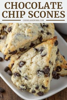 chocolate chip scones stacked on top of each other with the title in the middle