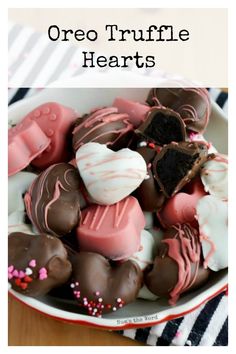 a bowl full of heart shaped oreo truffle hearts