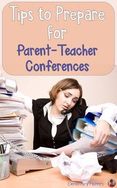 a woman sitting at a desk with papers in front of her and the words tips to prepare for parent - teacher conferences