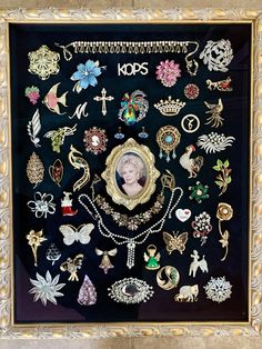 a framed photo with many different types of brooches and jewelry on display in a gold frame