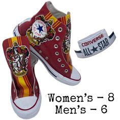 New Without Tags. Without Laces. I Took All The Pictures - What You See Is What You Get! One-Of-A-Kind Harry Potter Gryffindor Converse Custom Shoes Size: 8 Women's / 6 Men's Transform Your Style With These Unique Harry Potter Gryffindor Converse Custom Shoes. Sized At 8 For Women And 6 For Men, These High-Cut Converse Chuck Taylors Are Not Just Footwear; They're A Wearable Piece Of Art. Condition: Never Worn, These Shoes Have Only Been Displayed. The Rubber Shows A Few Minor Markings, Visible I Custom Red Sneakers With Round Toe, Red Converse Sneakers With Rubber Sole, Custom Harry Potter, Converse Custom, All Star Converse, Star Converse, Harry Potter Gryffindor, All Stars Converse, Size 8 Women