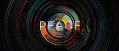 the word peace is surrounded by colorful lines and circles on a black background with white letters