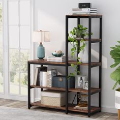 a shelf with books, plants and pictures on it next to a potted plant