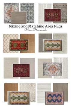 different rugs are shown in multiple colors and sizes, with the words mixing and matching area