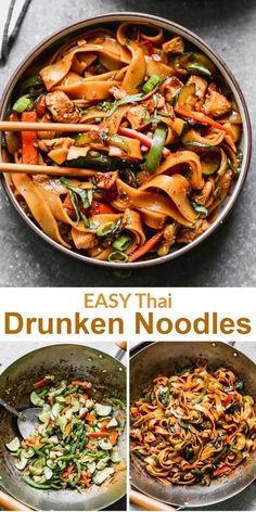 easy thai noodle stir fry in a wok with chopsticks on the side