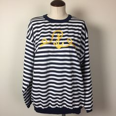 Vintage 90s Eb Sport Navy/White Striped Crewneck Sweatshirt With Gold Nautical Rope And Anchor Embroidered Design. Never Worn! Measured Flat. Bust: 23” Length: 27” White Marine Style Long Sleeve Top, Navy Long Sleeve Marine Top, Marine Style Long Sleeve Cotton Tops, White Sailor Style Long Sleeve Tops, Marine Style Cotton Crew Neck Top, White Marine Style Cotton Tops, Navy Sailor Tops For Spring, Preppy Navy Tops For Spring, Navy Sailor Style Top For Spring