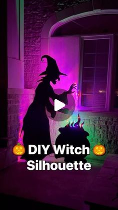 a silhouette of a witch holding a pot with the words diy witch silhouettte on it