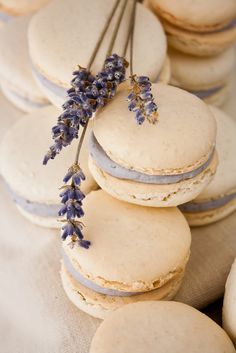 some macarons are stacked on top of each other with lavender sprigs