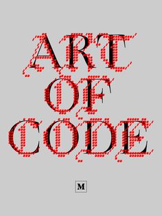 the words art of code written in red and black on a gray background with dots