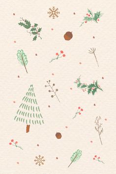 an illustration of christmas trees and holly leaves on white paper with red berries, pine cones, and snowflakes