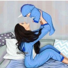 a painting of a woman in blue pajamas holding a baby up to her head while sitting on a bed