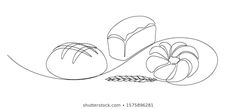 a line drawing of bread and wheat on a white background